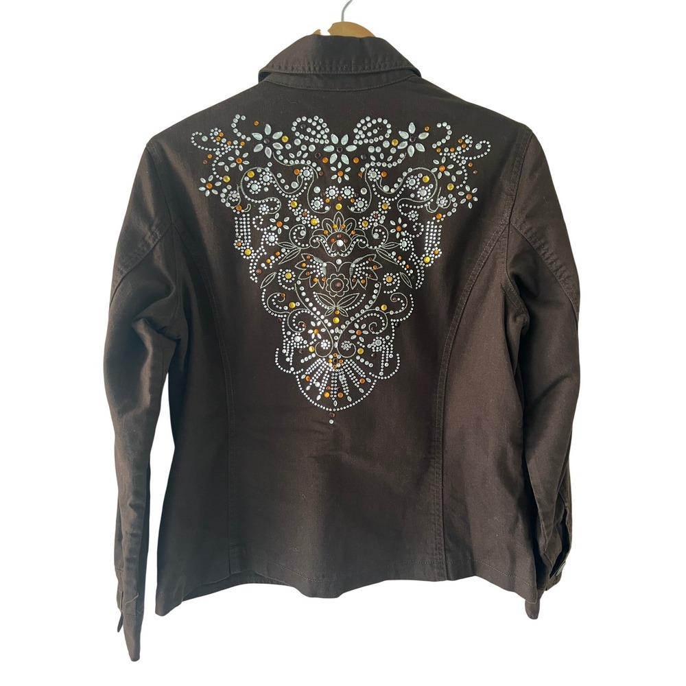 Chicos Platinum Brown Denim Jacket Rhinestone Embellished Womens 2 Western